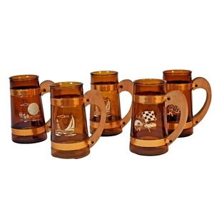 Vintage Siesta‎ Ware Amber Glass Mugs Set of 5 Wood Handle Sports Graphics MCM